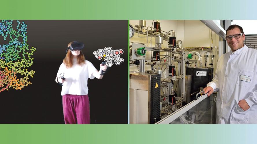 Photo of phd student wearing vr and researcher in lab 